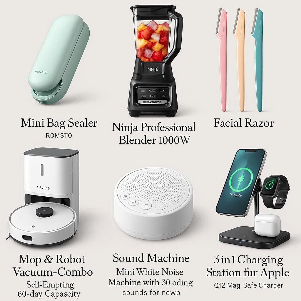 A vibrant collection of six lifestyle gadgets including a blender, razor, robot vacuum, sound machine, charging station, and mini bag sealer arranged together on a colorful background.