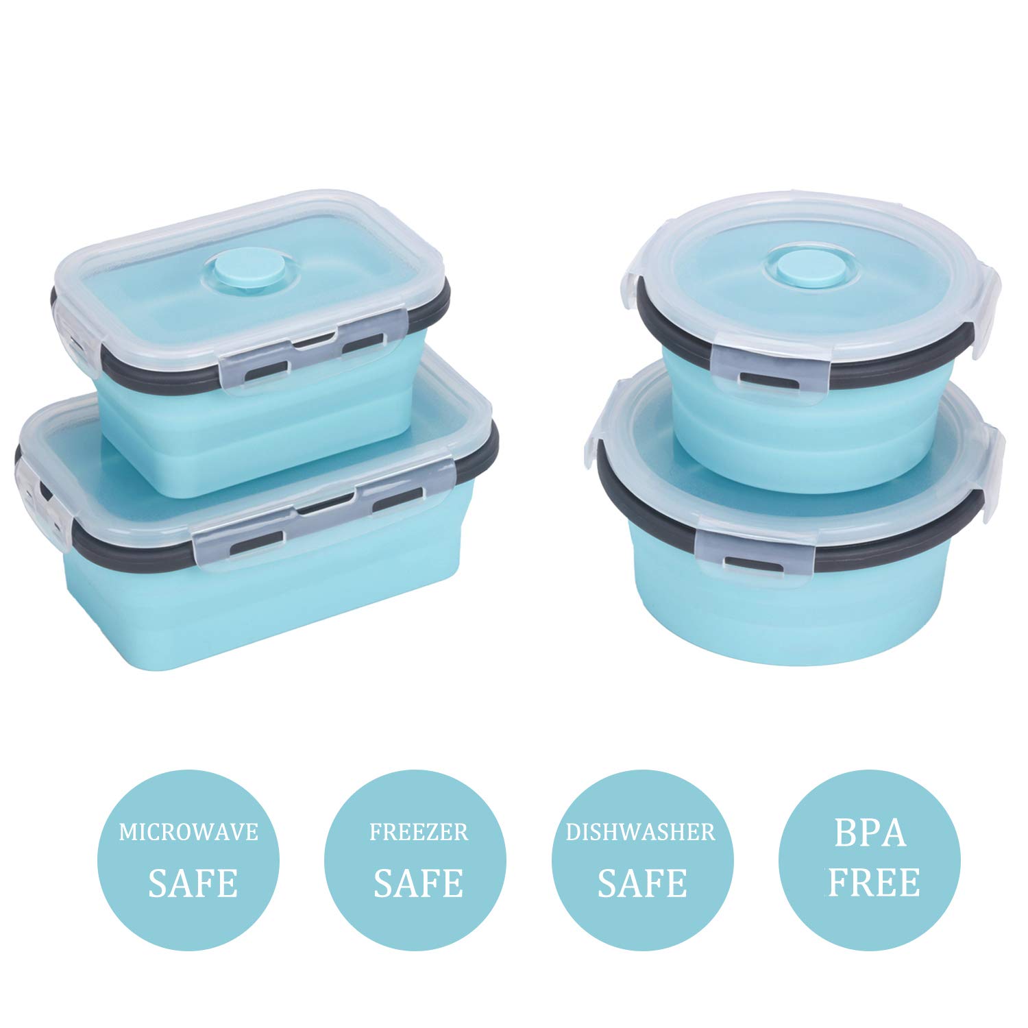 KUON Collapsible Silicone Food Storage Containers with Airtight Lids, Set of 4 Stacking Container, Microwave and Freezer and Dishwasher Safe, with Vent Valve, BPA Free (350ml and 500ml) - Image 7