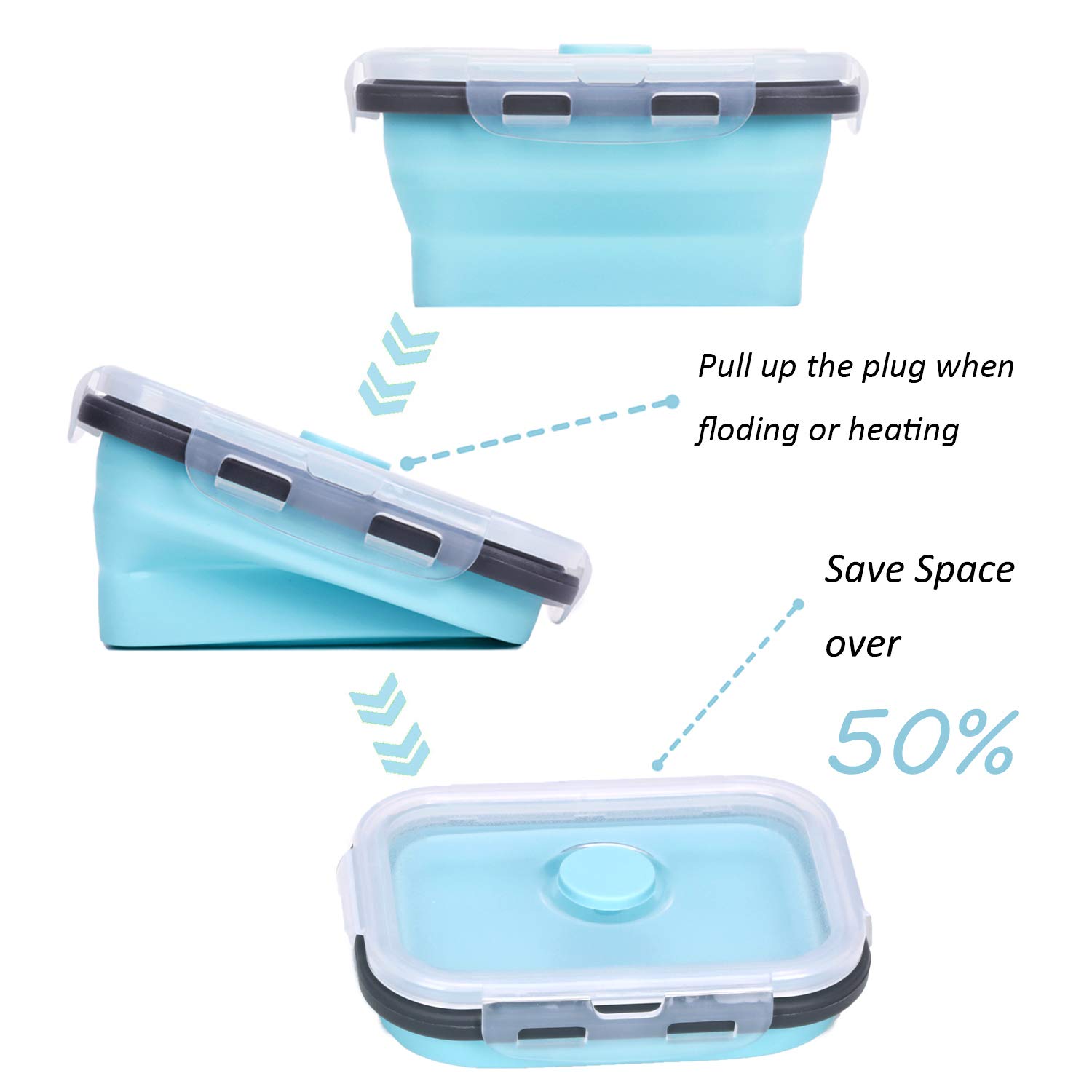 KUON Collapsible Silicone Food Storage Containers with Airtight Lids, Set of 4 Stacking Container, Microwave and Freezer and Dishwasher Safe, with Vent Valve, BPA Free (350ml and 500ml) - Image 6