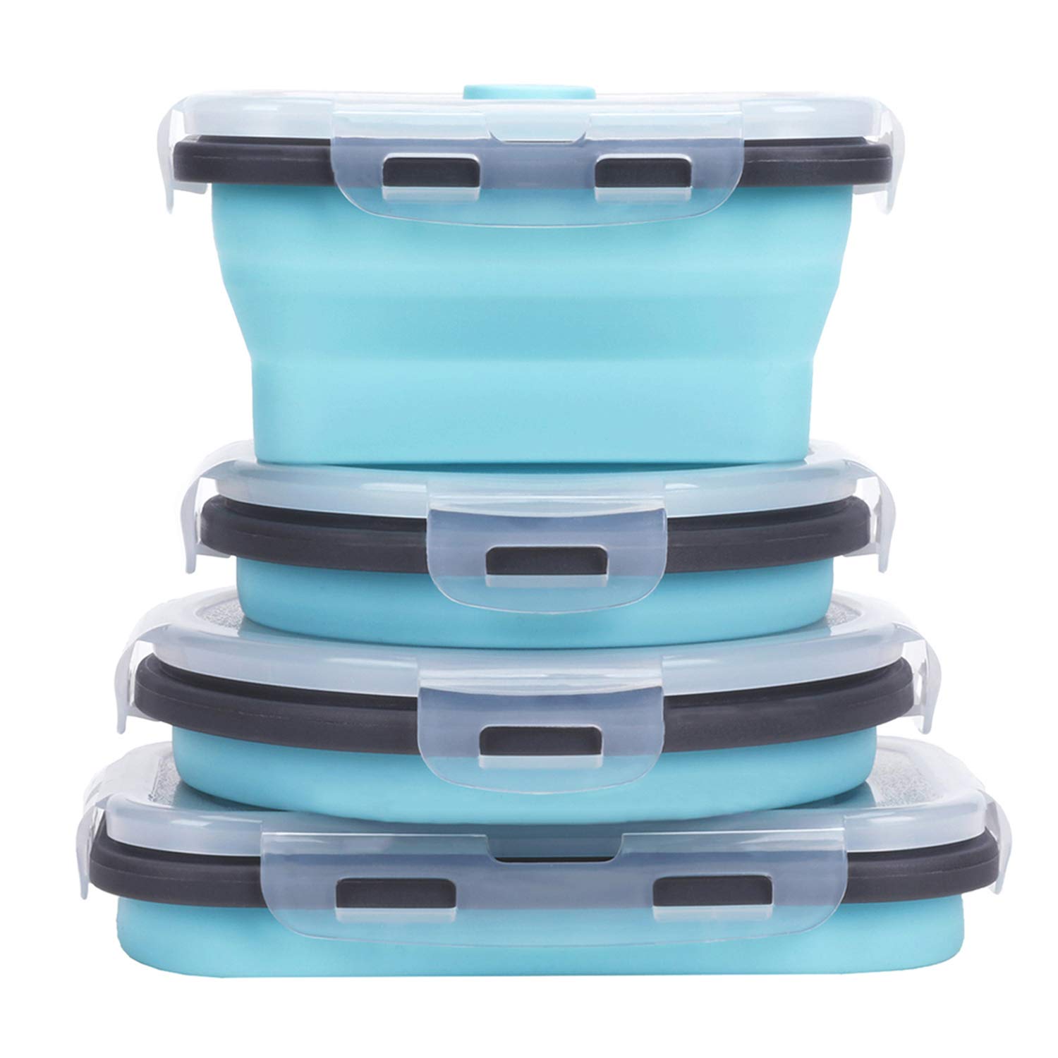 KUON Collapsible Silicone Food Storage Containers with Airtight Lids, Set of 4 Stacking Container, Microwave and Freezer and Dishwasher Safe, with Vent Valve, BPA Free (350ml and 500ml)