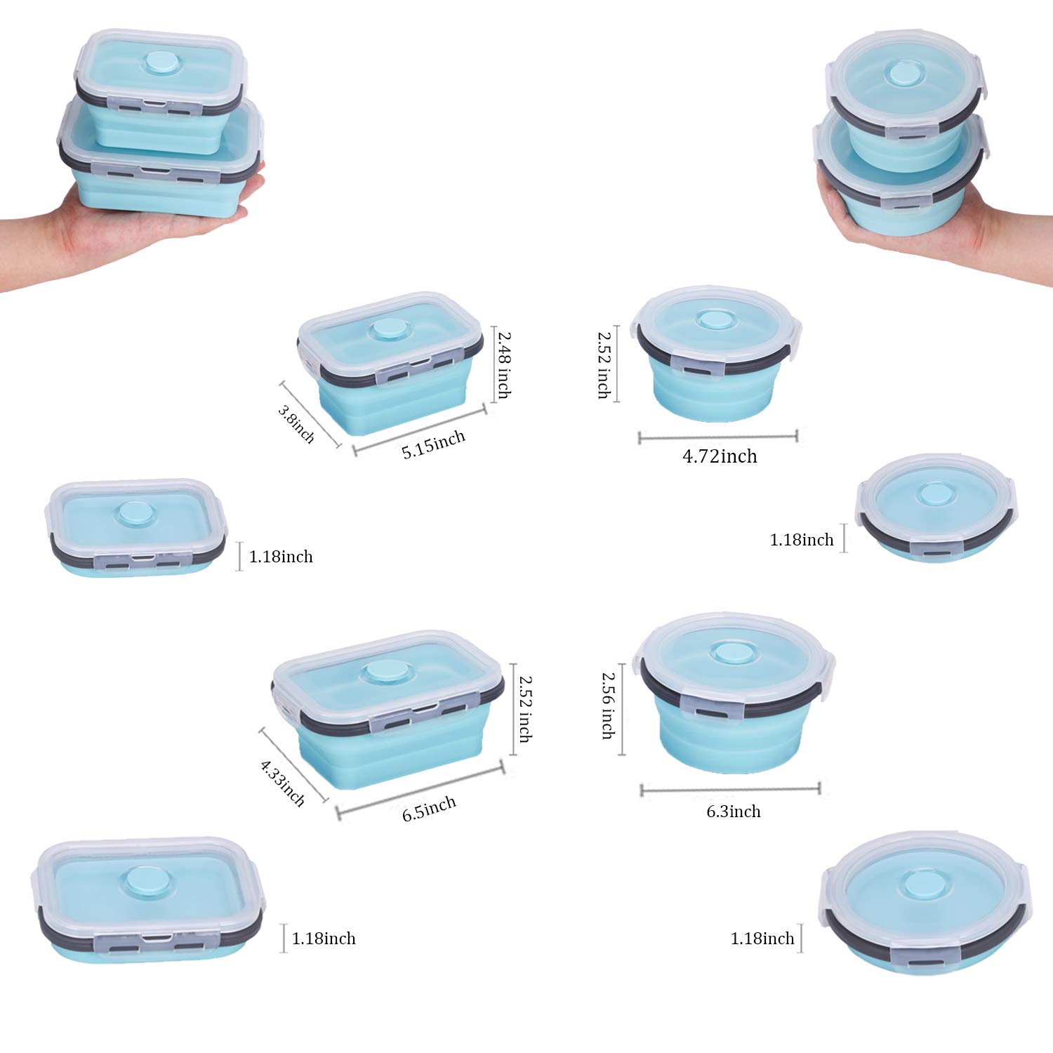 KUON Collapsible Silicone Food Storage Containers with Airtight Lids, Set of 4 Stacking Container, Microwave and Freezer and Dishwasher Safe, with Vent Valve, BPA Free (350ml and 500ml) - Image 4