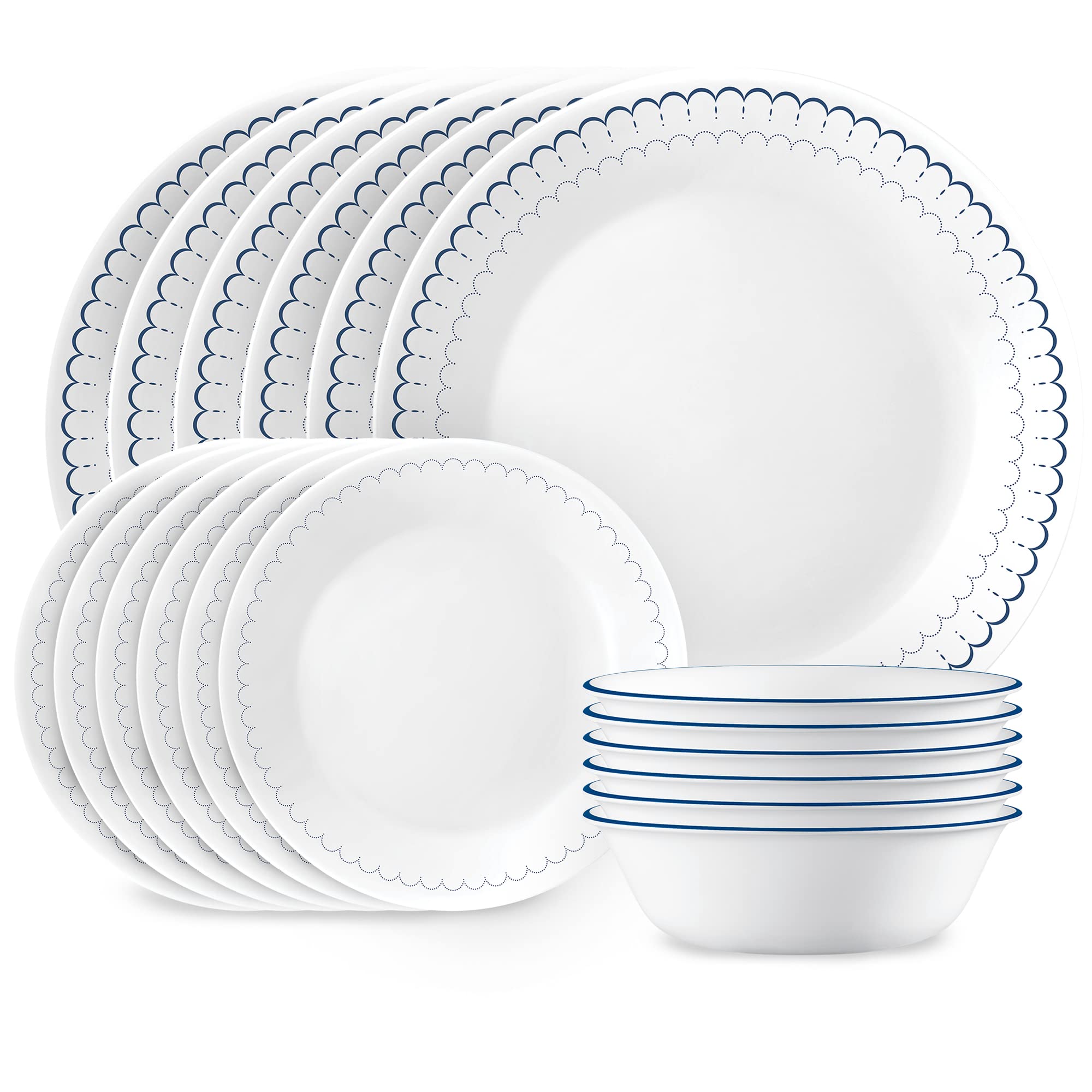 Corelle 18-Piece Dinnerware Set Service for 6, Lightweight Round Plates and Bowls Set, Vitrelle Triple Layer Glass, Chip Resistant, Microwave and Dishwasher Safe, Caspian