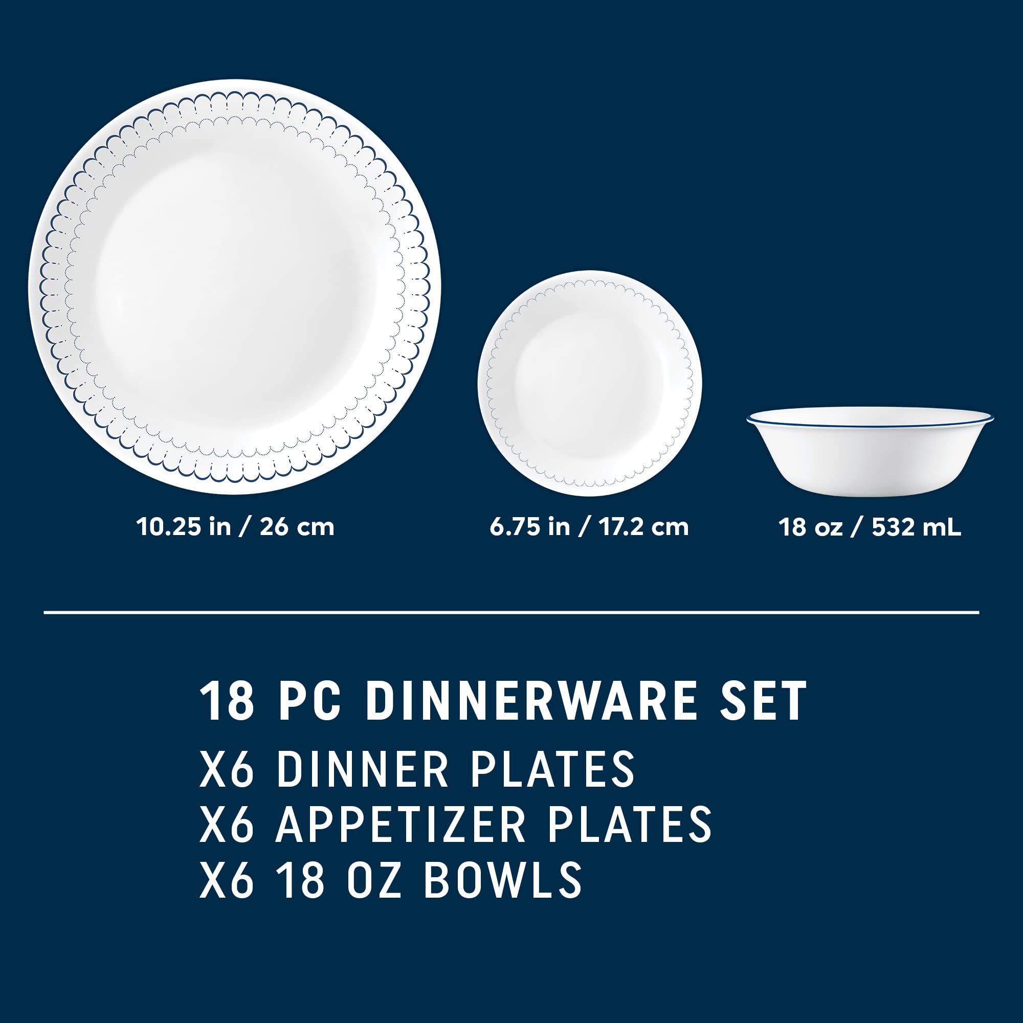 Corelle 18-Piece Dinnerware Set Service for 6, Lightweight Round Plates and Bowls Set, Vitrelle Triple Layer Glass, Chip Resistant, Microwave and Dishwasher Safe, Caspian - Image 3