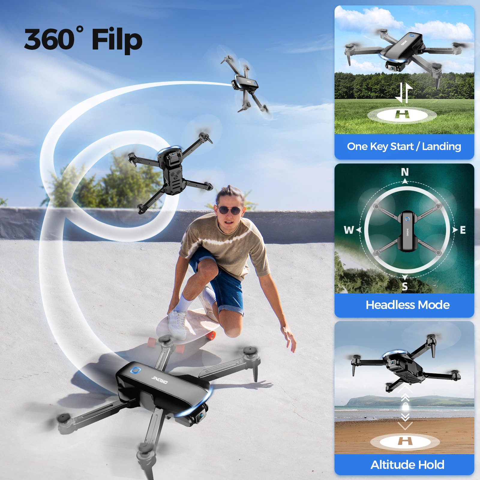 Drone with Camera 1080P HD FPV Foldable Drone for Adults and Beginners, RC Quadcopter with Gravity Control, One Key Take Off/Land, Optical Flow Positioning, 360° Flip, 3 Speed Mode, Waypoint Fly - Image 6