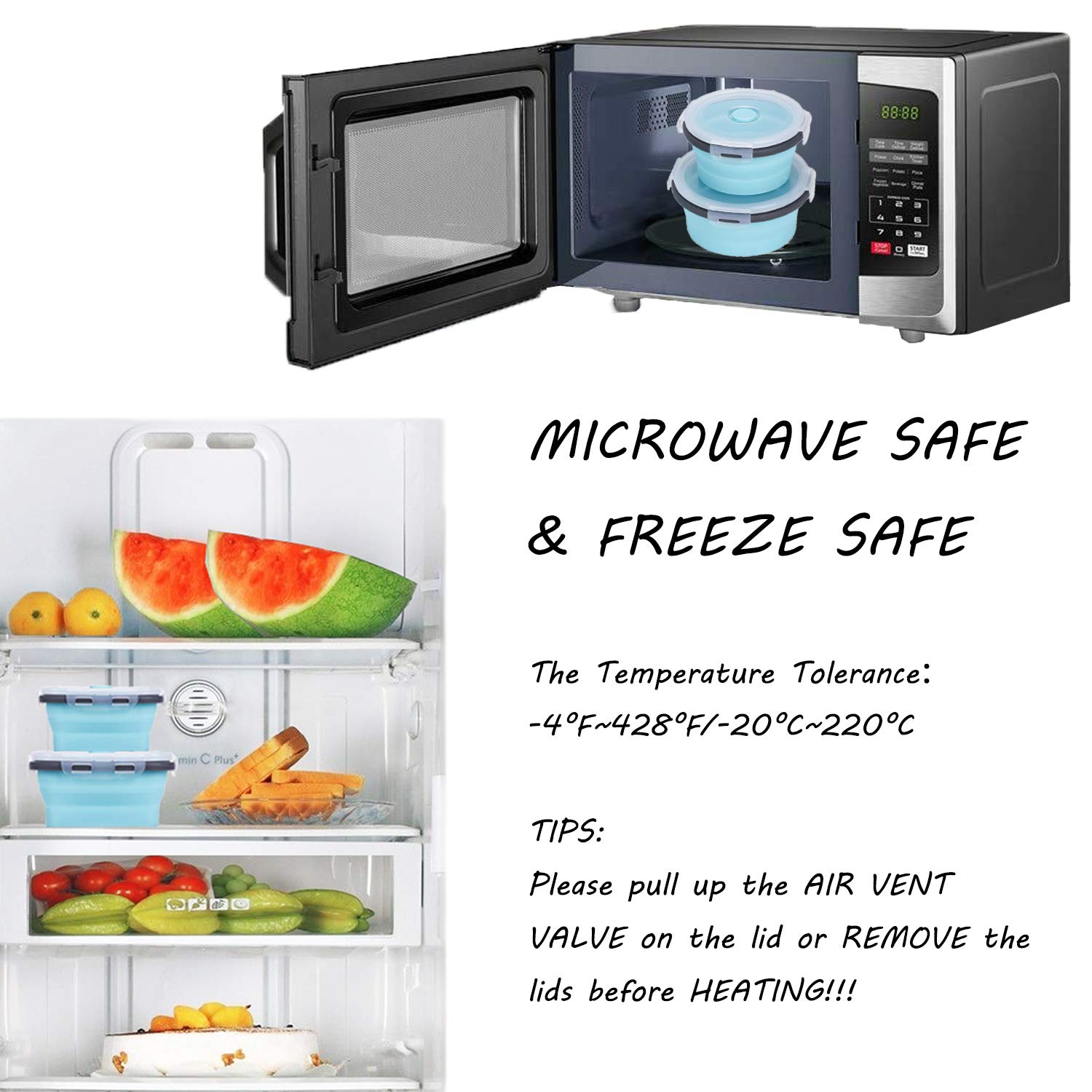 KUON Collapsible Silicone Food Storage Containers with Airtight Lids, Set of 4 Stacking Container, Microwave and Freezer and Dishwasher Safe, with Vent Valve, BPA Free (350ml and 500ml) - Image 3