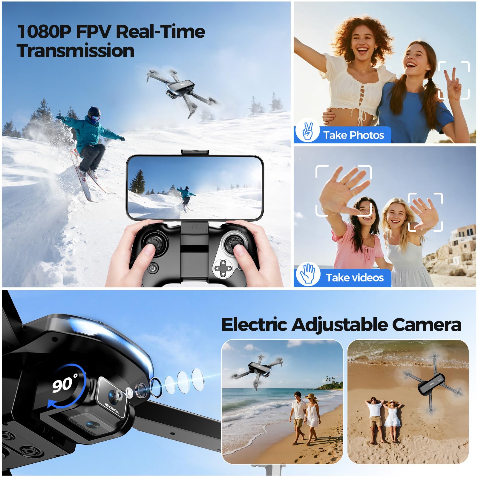 Drone with Camera 1080P HD FPV Foldable Drone for Adults and Beginners, RC Quadcopter with Gravity Control, One Key Take Off/Land, Optical Flow Positioning, 360° Flip, 3 Speed Mode, Waypoint Fly - Image 7