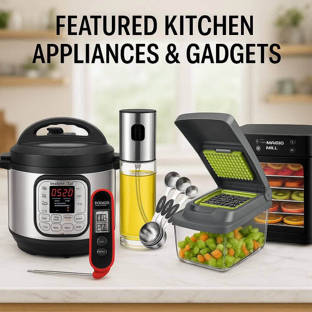 “Modern kitchen essentials – Instant Pot, Thermometer, Oil Sprayer, Measuring Spoons, Chopper, and Food Dehydrator arranged on a countertop.”