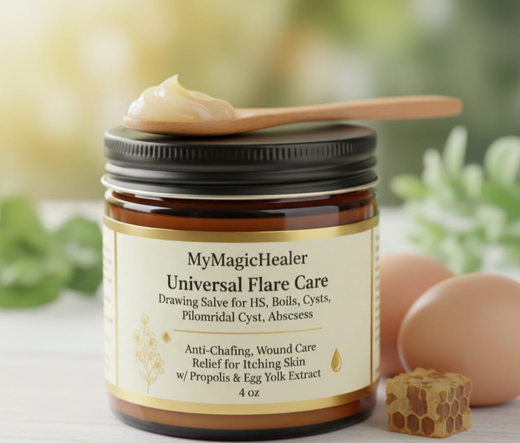 MyMagicHealer Universal Flare Care jar surrounded by natural ingredients like propolis, egg yolk, and herbs, symbolizing natural healing and skin relief.