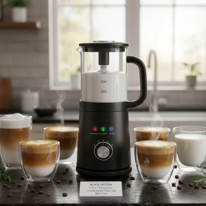 Electric milk frother and steamer, 500ml black milk foamer for latte and cappuccino, BPA-free and dishwasher-safe