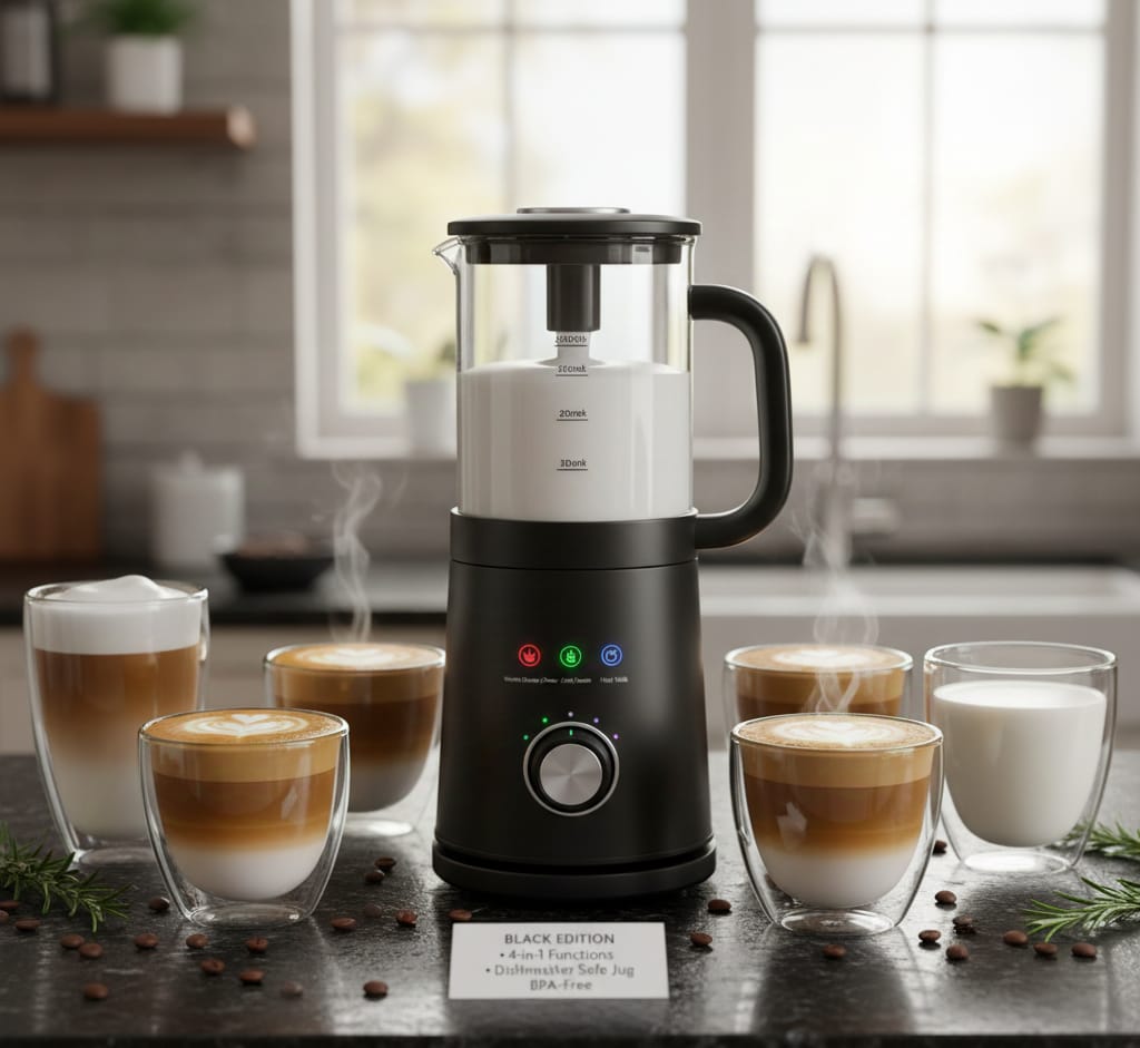 Electric milk frother and steamer, 500ml black milk foamer for latte and cappuccino, BPA-free and dishwasher-safe