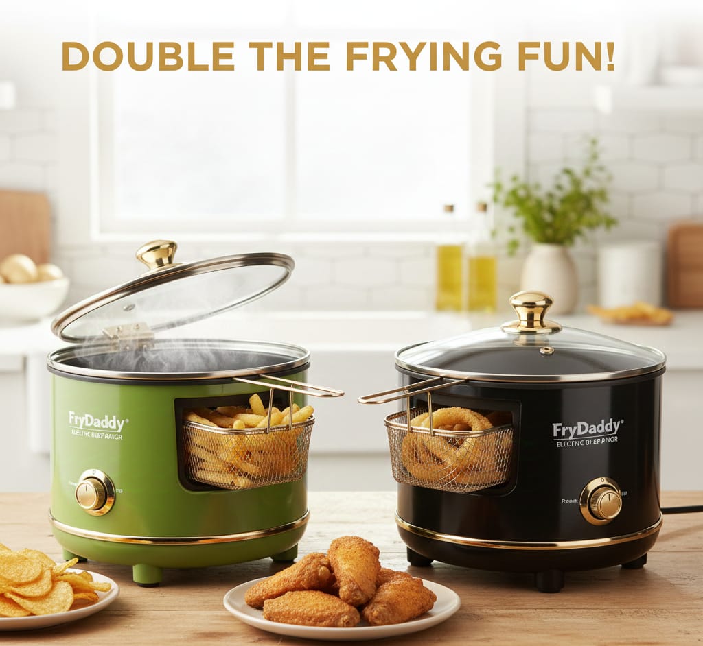 Presto 05427 FryDaddy electric deep fryer in green and gold, compact oil fryer for crispy food, non-stick with snap-on lid