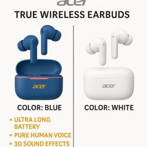 Acer OHR548 Wireless Headphones with 52dB noise reduction, in-ear design, heavy bass, and Type-C charging case.