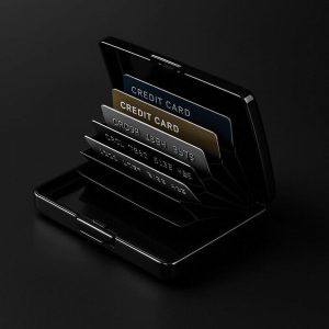 Premium Stainless Steel RFID Blocking Card Holder for Men in sleek black metal with polished finish and multiple card slots for secure storage.