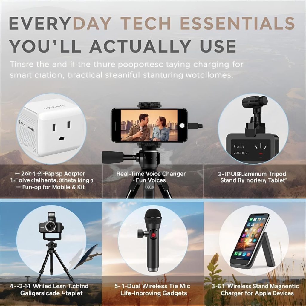 “Universal travel and content creator tech set – adapter, phone lens kit, voice changer, tripod, wireless microphone, and 3-in-1 charging station.”