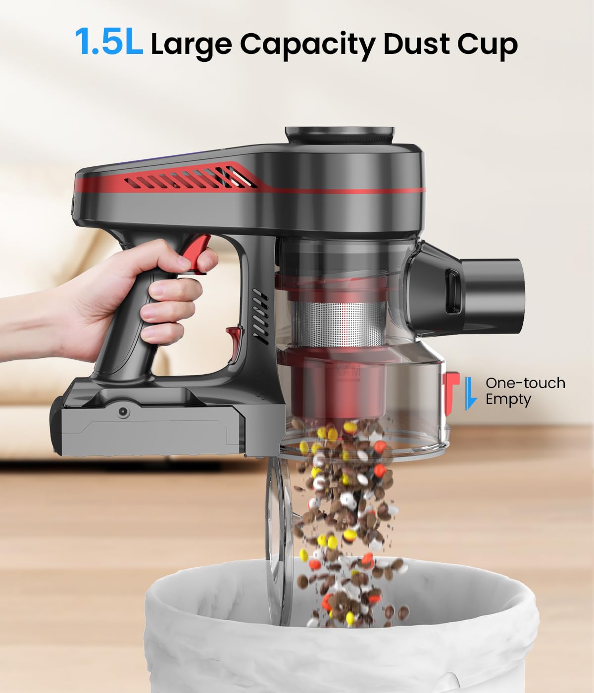 CHEBIO Cordless Vacuum Cleaner, Stick Vacuum with Powerful Suction, 45Mins Runtime Vacuum Cleaners for Home, Anti-tangle and 1.5L Dust Cup, 6 in 1 Lightweight Vacuum for Hardwood Floor Carpet Pet Hair - Image 2