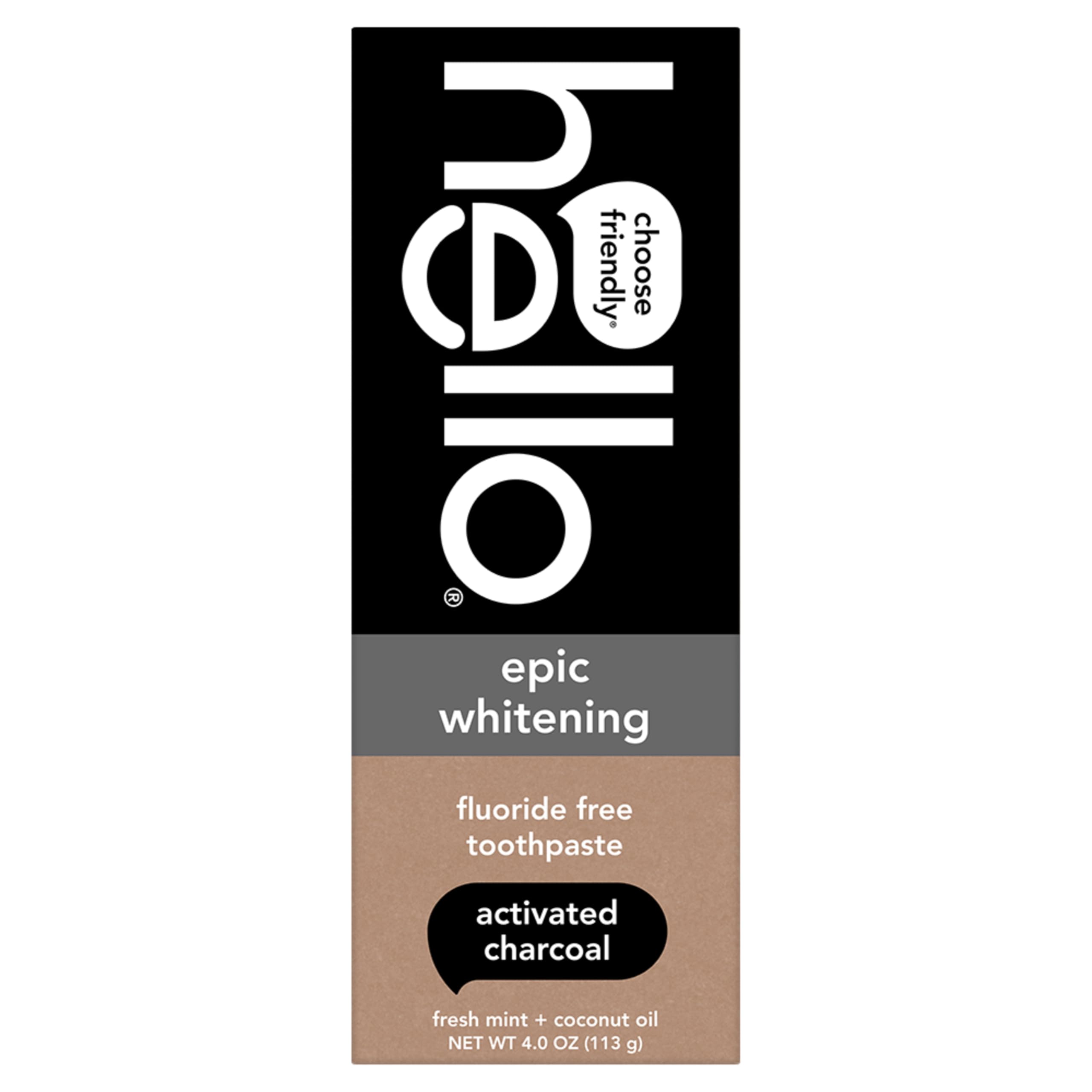 hello Epic Whitening Charcoal Fluoride Free Toothpaste, Activated Charcoal Toothpaste with Coconut Oil, Whitens Teeth Naturally, SLS Free, Fresh Mint, 4.0 Oz Tube