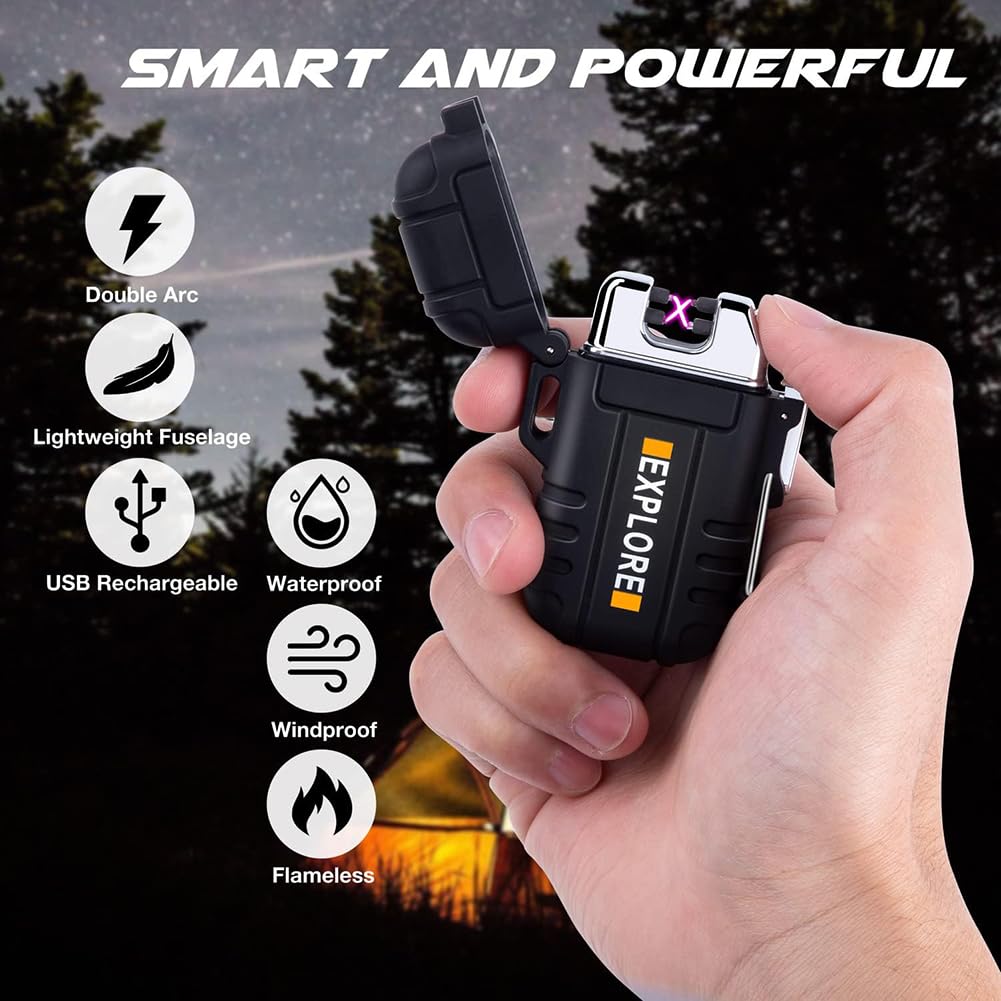 LcFun Electric Lighter Windproof Dual Arc USB Rechargeable Flameless Plasma Lighters Waterproof Matches for Camping Hiking Survival Tactical Gear Stocking Stuffers Gifts for Men Fathers Husband - Image 12