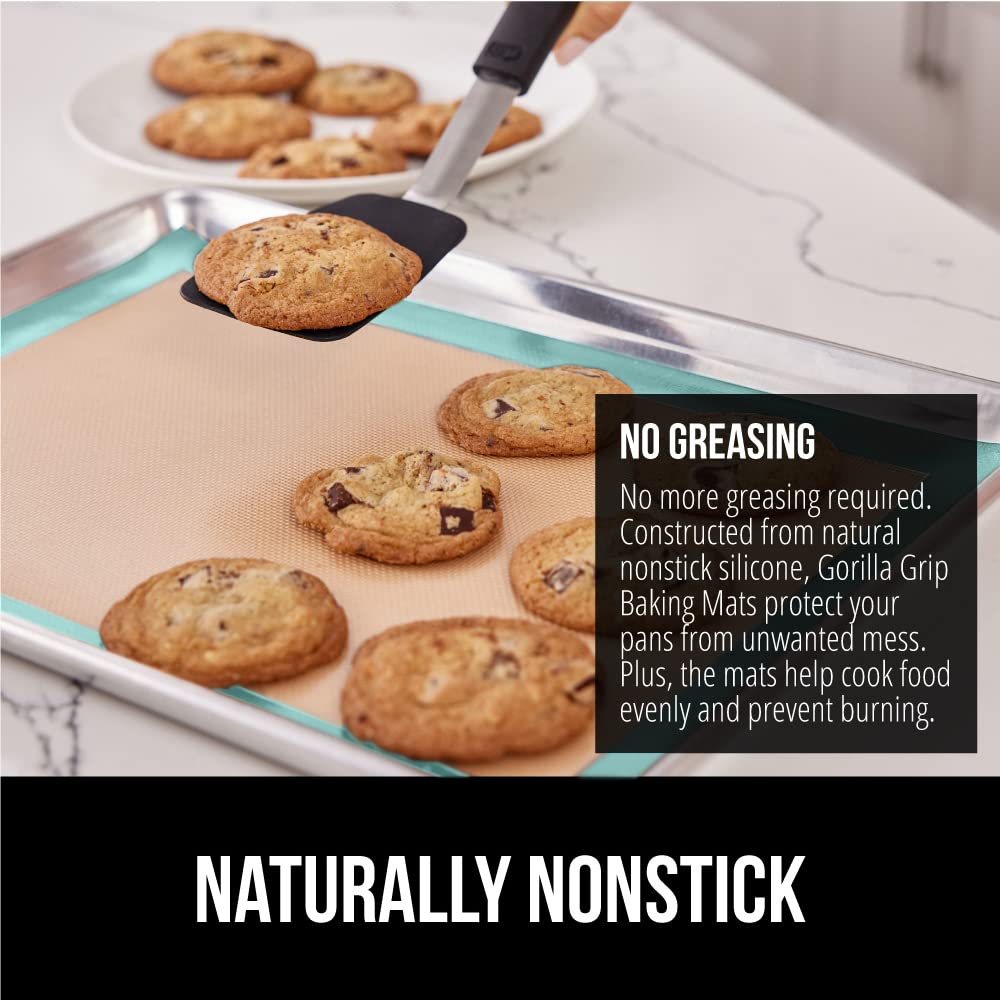 GORILLA GRIP Reusable Nonstick Silicone Baking Mat, 2 Pack, BPA-Free Oven Safe Food Liner, For Cookie Sheets, Toaster Ovens, Easy Clean Kitchen Pastry Mats, 11.75x8.25, Small Quarter Sheet Size, Mint - Image 6
