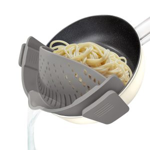 61bc02x3vML YEVIOR Clip on Strainer for All Pots Pan,Silicone Pasta Strainer Kitchen Gadgets,Collapsible Colander for Noodle,Vegetables,Fruit,Spaghetti (Grey)