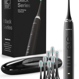 Aquasonic Black Series Ultra Whitening Toothbrush – ADA Accepted Electric Toothbrush- 8 Brush Heads & Travel Case – 40,000 VPM Electric Motor & Wireless Charging - 4 Modes w Smart Timer