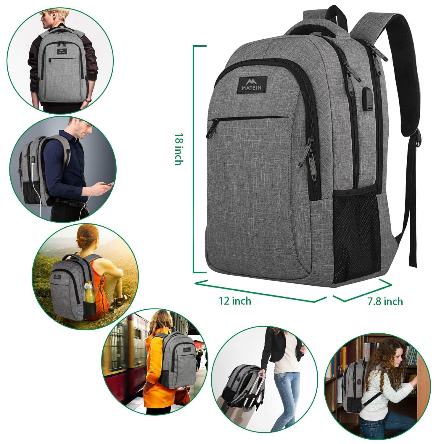 MATEIN Travel Laptop Backpack, Business Anti Theft Slim Sturdy Laptops Backpack with USB Charging Port, Water Resistant College School Computer Bag Gift for Men & Women Fits 15.6 Inch Notebook, Grey - Image 6