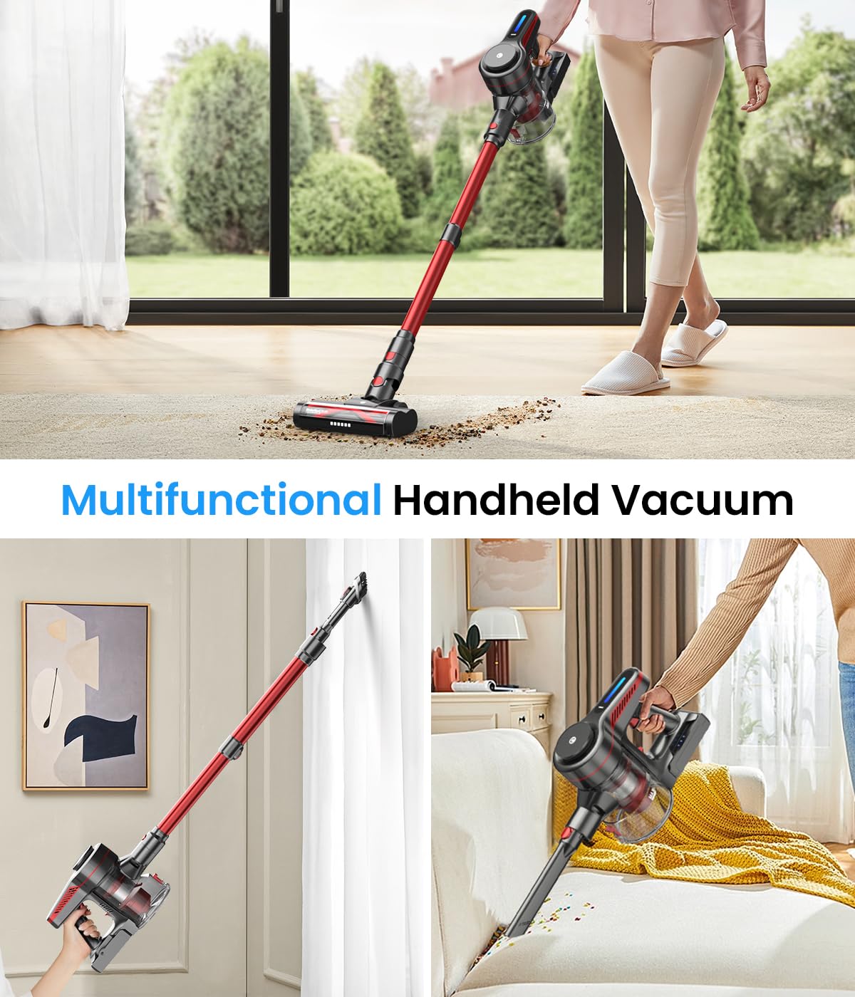 CHEBIO Cordless Vacuum Cleaner, Stick Vacuum with Powerful Suction, 45Mins Runtime Vacuum Cleaners for Home, Anti-tangle and 1.5L Dust Cup, 6 in 1 Lightweight Vacuum for Hardwood Floor Carpet Pet Hair - Image 3