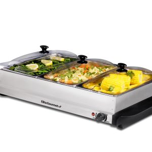 Elite Gourmet EWM-6171 Triple 3 x 2.5 Qt. Trays, Buffet Server, Food Warmer Temperature Control, Clear Slotted Lids, Perfect for Parties, Entertaining & Holidays, 7.5 Qt Total, Stainless Steel