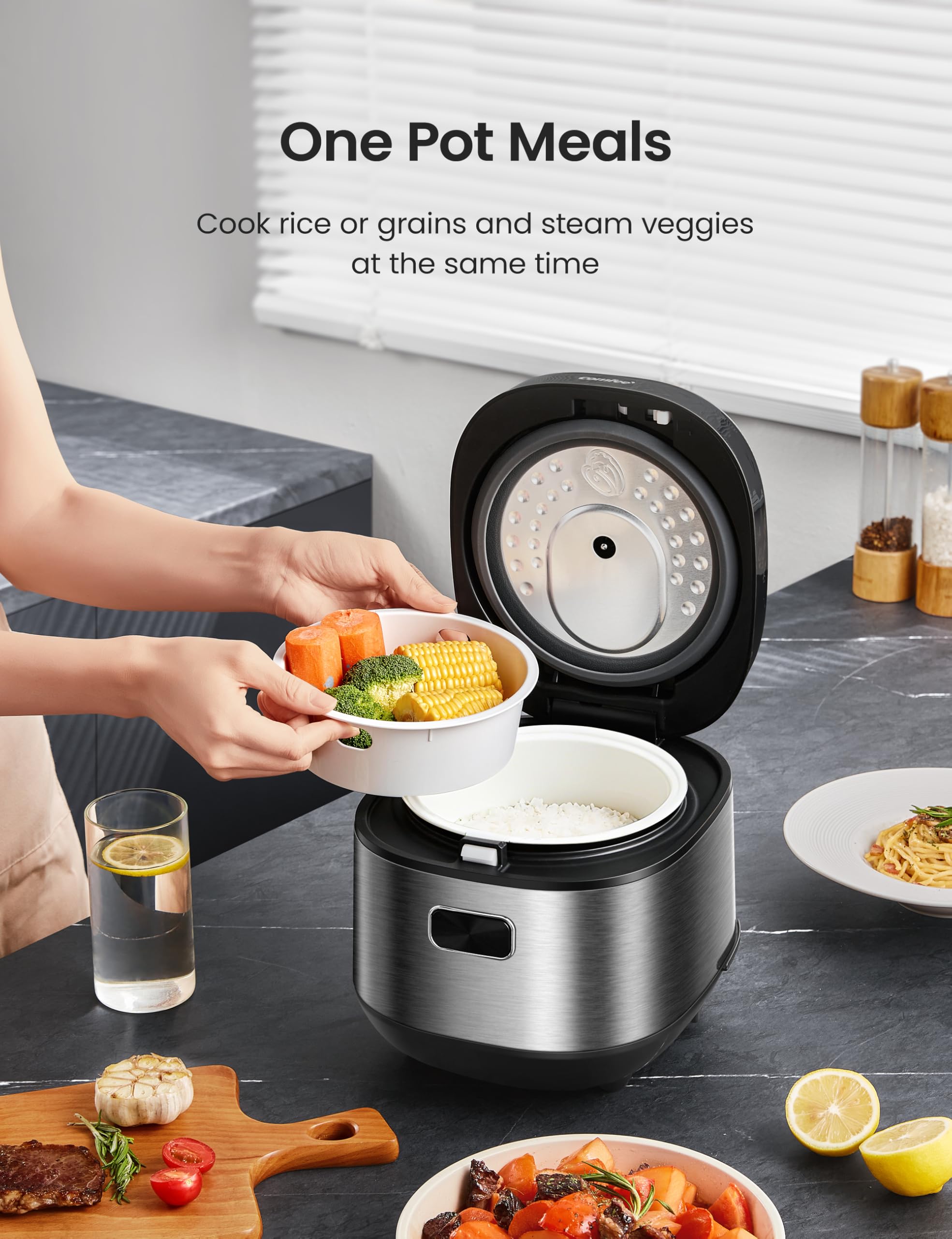 COMFEE' Compact Rice Cooker 8 Cups Cooked/4 Cups Uncooked, 9-in-1 Multi Cooker, Fast Rice Maker, Steam, Brown Rice, Grains, Fuzzy Logic Technology, Grey - Image 4