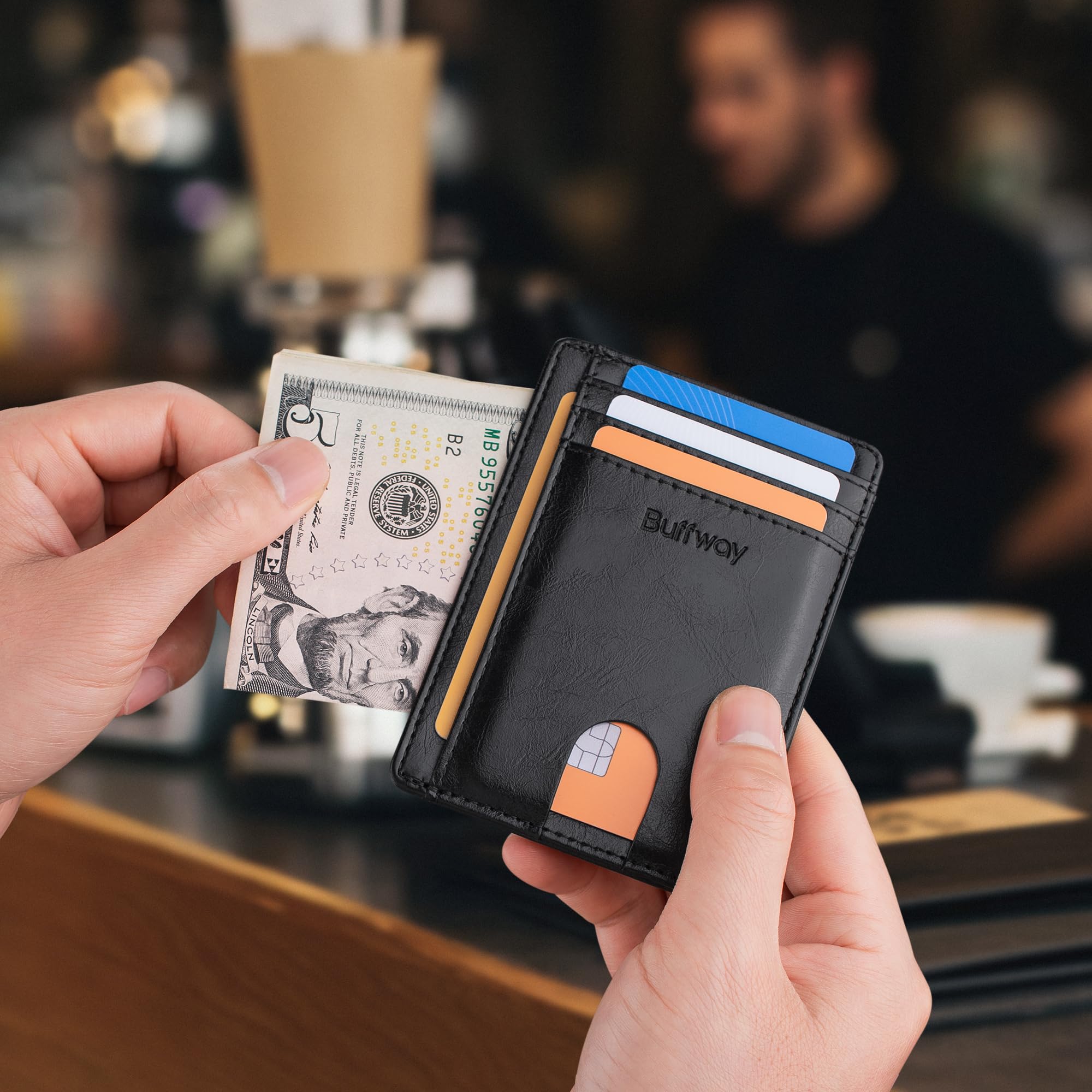 Buffway Slim Minimalist Front Pocket RFID Blocking Leather Wallets for Men and Women - Alaska Black - Image 7