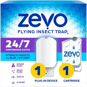 Zevo Flying Insect Trap & Cartridge - Plug in Fly Trap & Indoor Bug Catcher for Gnats, House & Fruit Flies - Mess-Free - Use in Any Room - Uses Blue & UV Light (1 Plug in Device & 1 Cartridge)