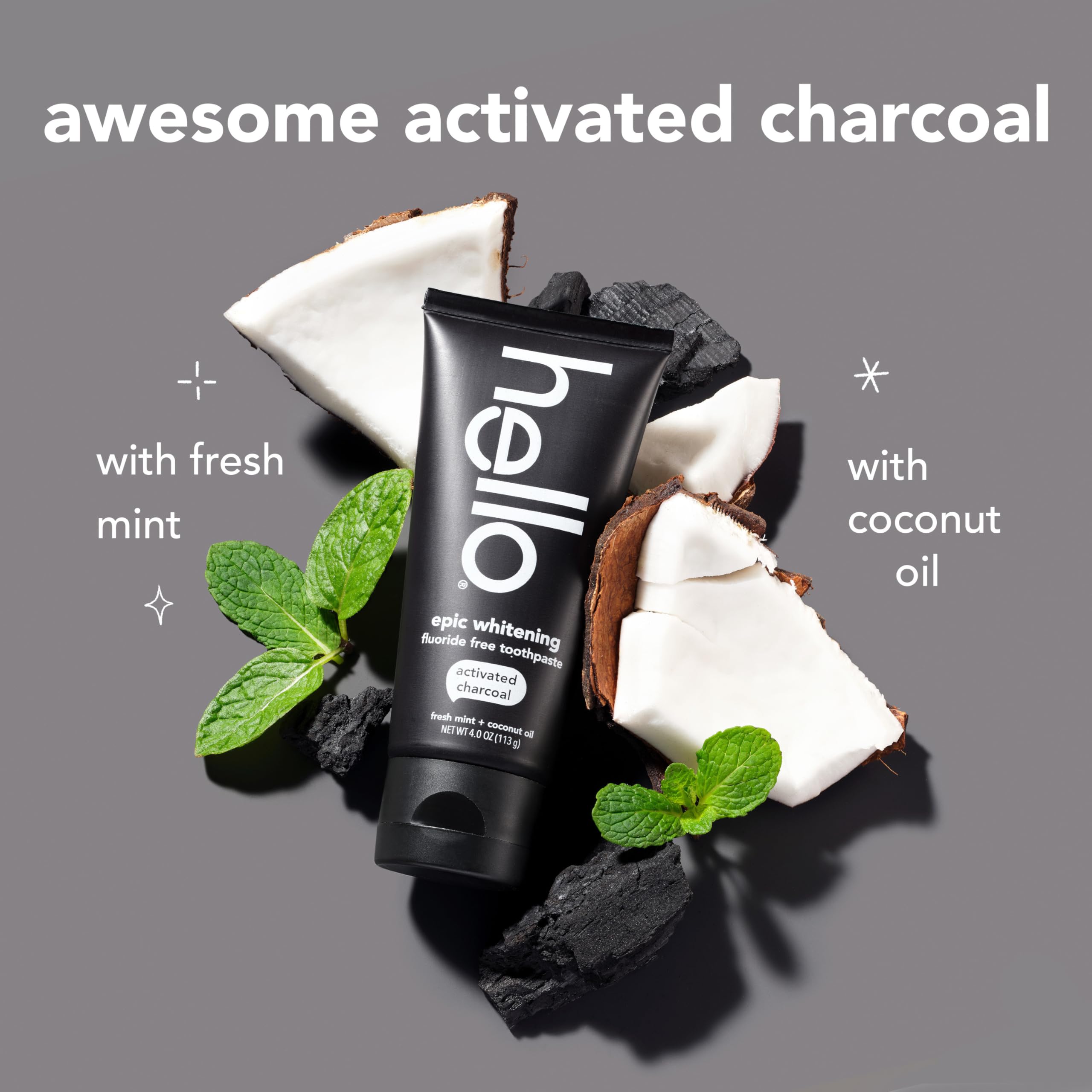 hello Epic Whitening Charcoal Fluoride Free Toothpaste, Activated Charcoal Toothpaste with Coconut Oil, Whitens Teeth Naturally, SLS Free, Fresh Mint, 4.0 Oz Tube - Image 8