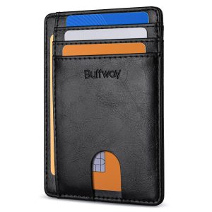 81bFT2YSlJL Buffway Slim Minimalist Front Pocket RFID Blocking Leather Wallets for Men and Women - Alaska Black