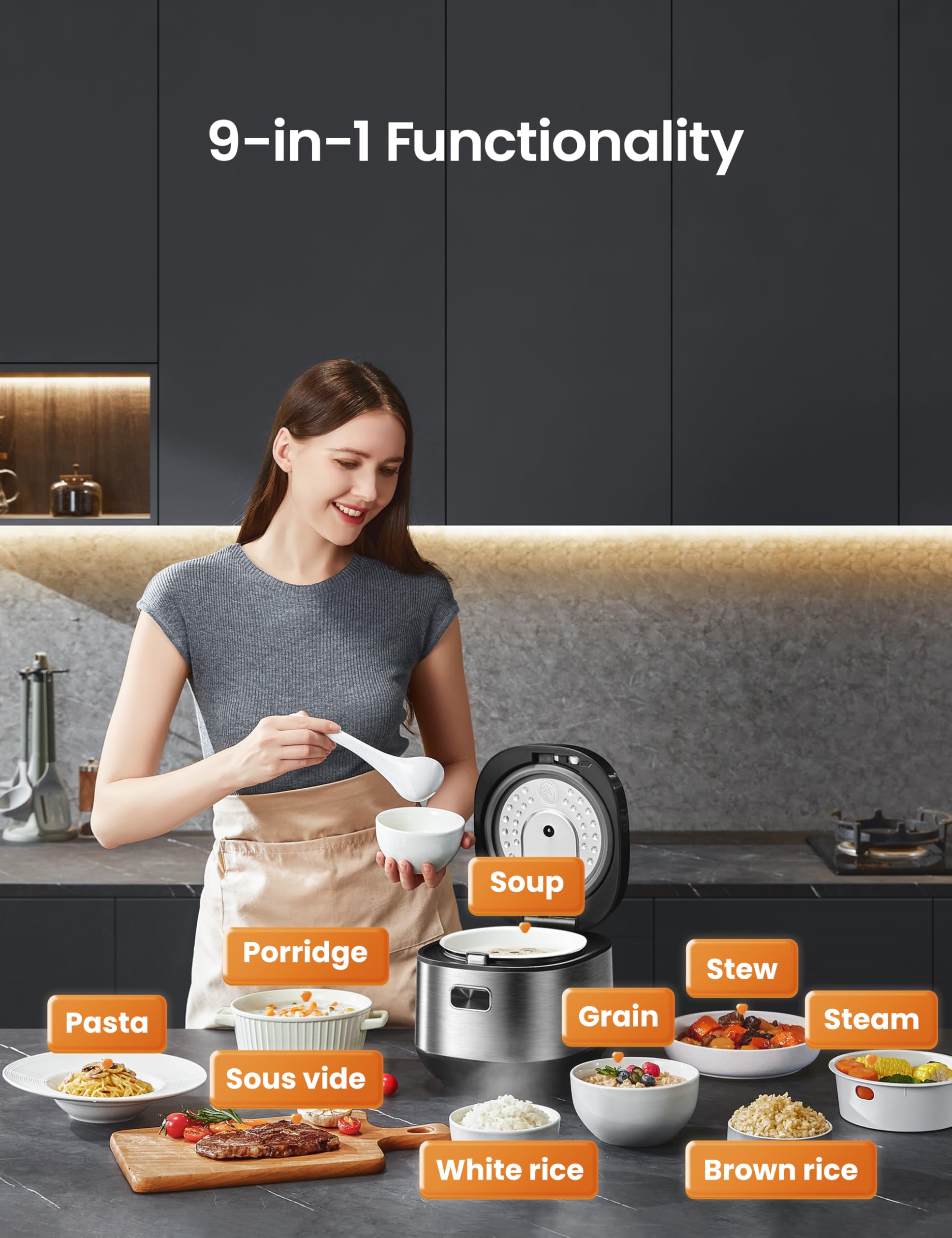 COMFEE' Compact Rice Cooker 8 Cups Cooked/4 Cups Uncooked, 9-in-1 Multi Cooker, Fast Rice Maker, Steam, Brown Rice, Grains, Fuzzy Logic Technology, Grey - Image 7