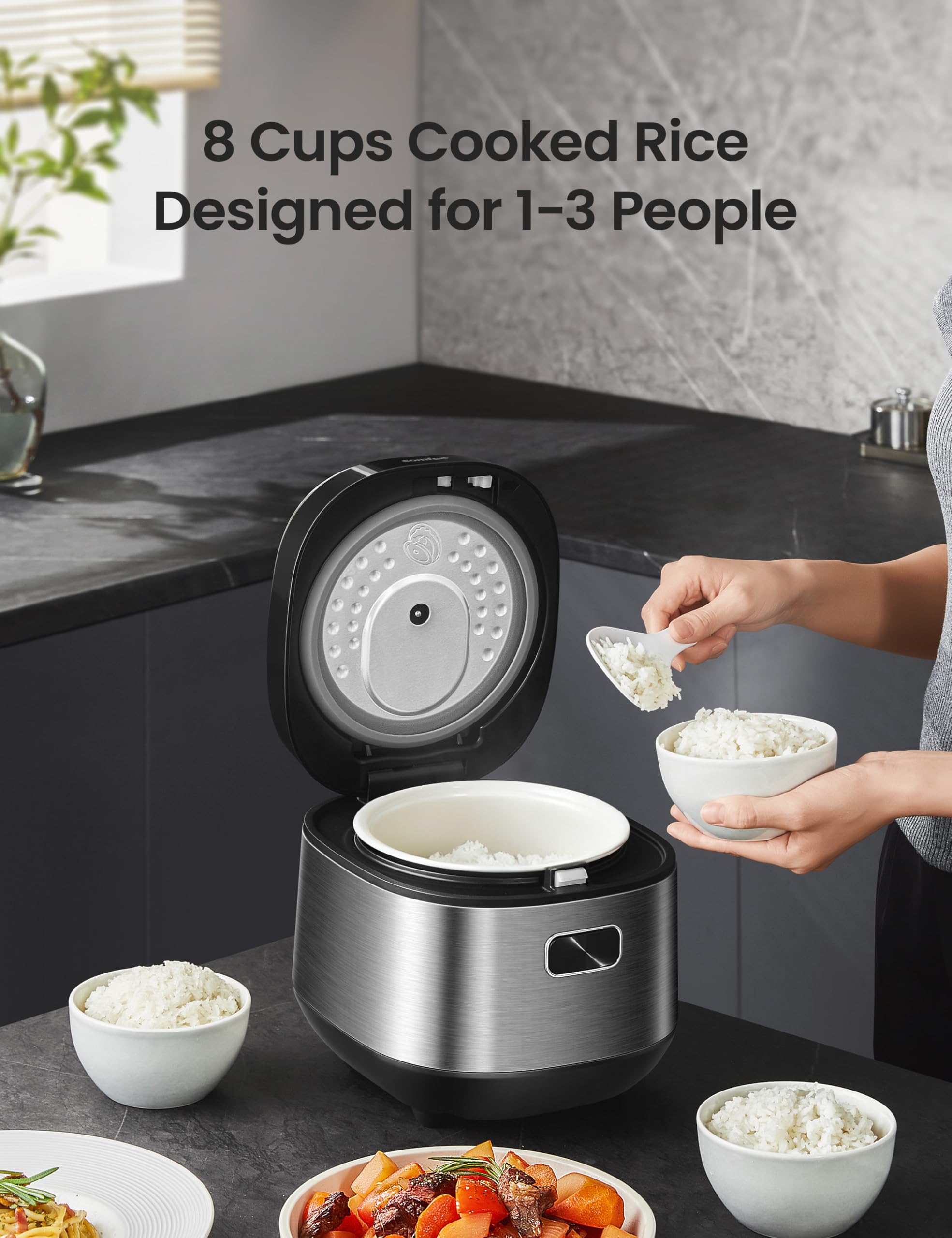 COMFEE' Compact Rice Cooker 8 Cups Cooked/4 Cups Uncooked, 9-in-1 Multi Cooker, Fast Rice Maker, Steam, Brown Rice, Grains, Fuzzy Logic Technology, Grey - Image 6