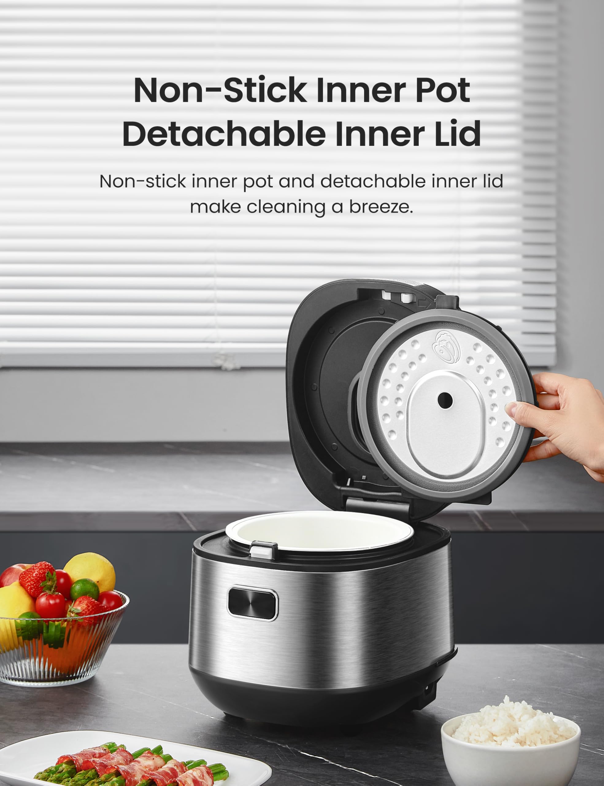 COMFEE' Compact Rice Cooker 8 Cups Cooked/4 Cups Uncooked, 9-in-1 Multi Cooker, Fast Rice Maker, Steam, Brown Rice, Grains, Fuzzy Logic Technology, Grey - Image 2