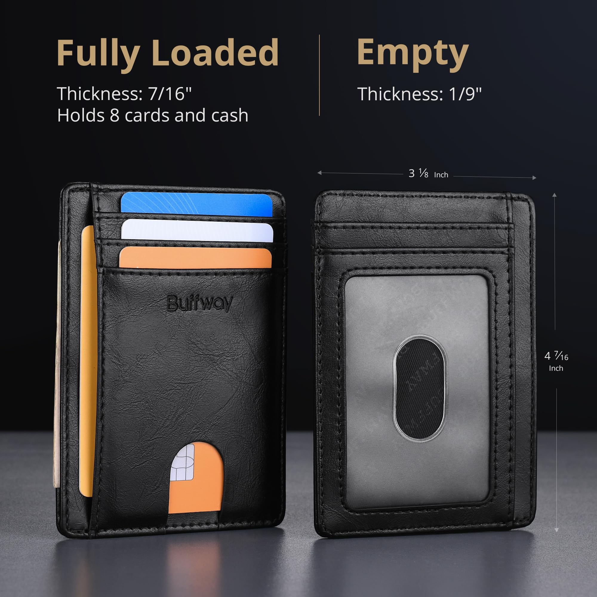 Buffway Slim Minimalist Front Pocket RFID Blocking Leather Wallets for Men and Women - Alaska Black - Image 3