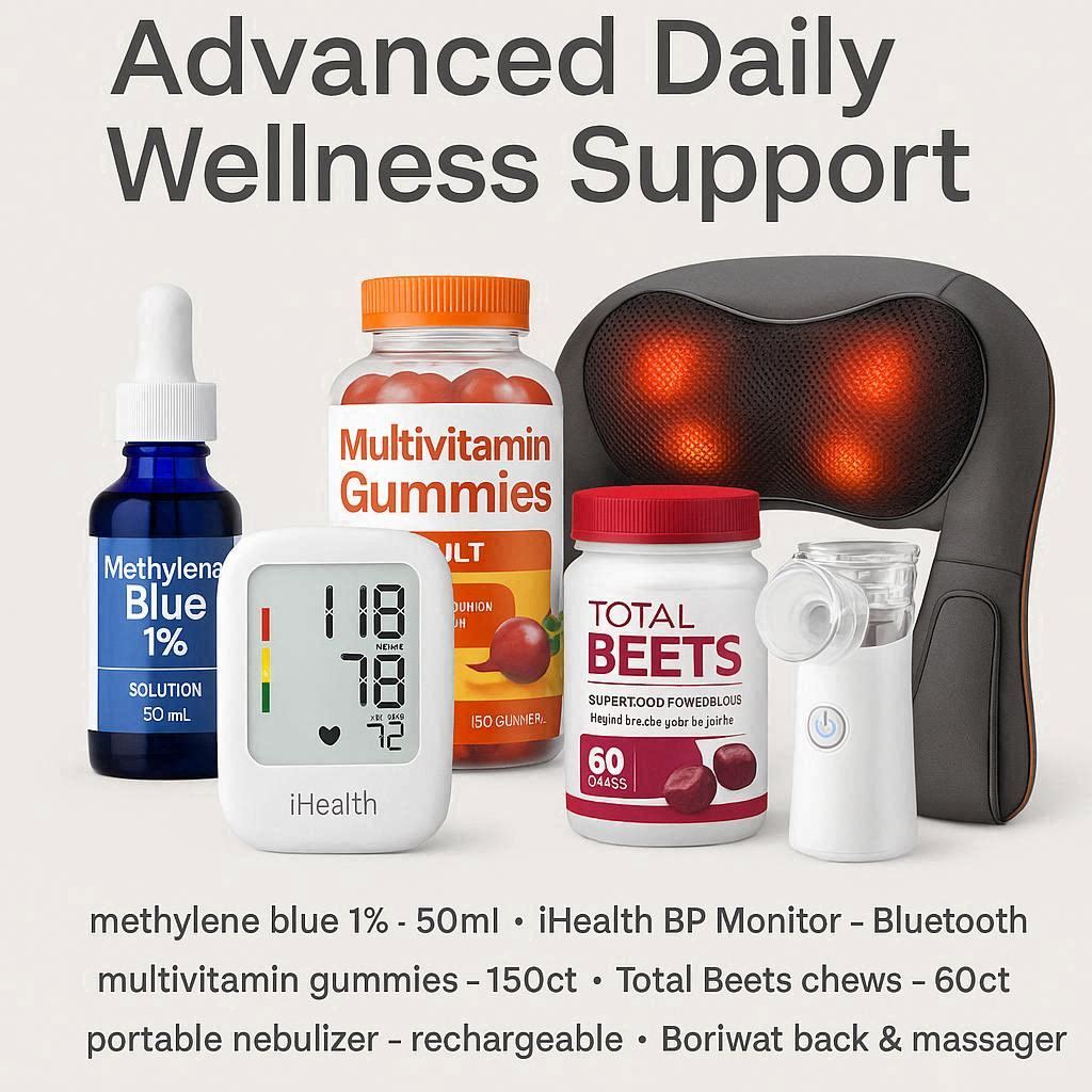 “Six wellness products including methylene blue, a smart blood pressure monitor, multivitamin gummies, beet soft chews, a portable nebulizer, and a heated 3D kneading back massager supporting daily health and relaxation.”