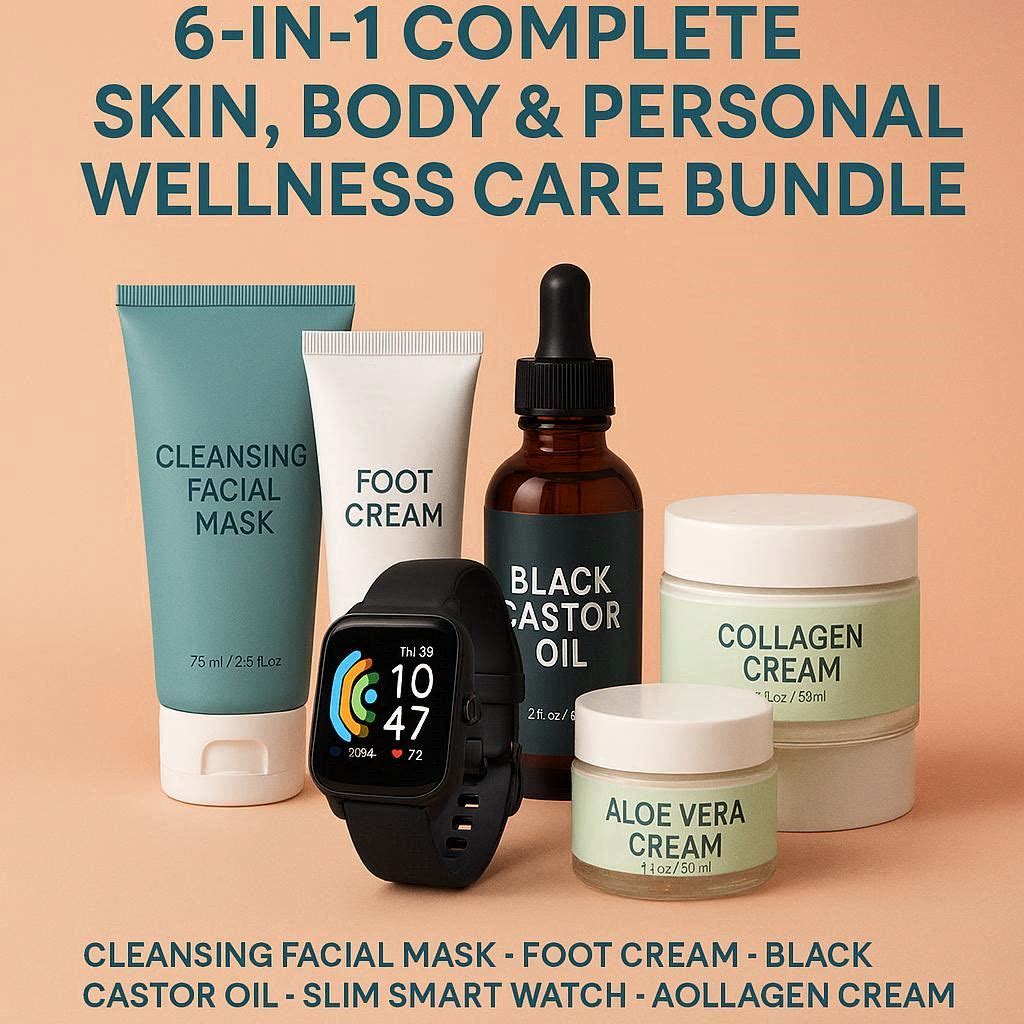"Complete 6-piece self-care kit featuring turmeric facial mask, cracked heel urea cream, castor oil, smart fitness watch, breast firming cream & men's odor control cream."