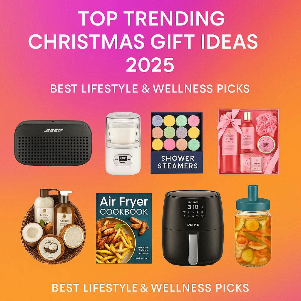 “A curated eight-item lifestyle and wellness set including a Bose portable speaker, yogurt maker, shower steamers, two spa gift sets, air fryer cookbook, compact air fryer, and fermentation kit for home self-care and healthy living.”