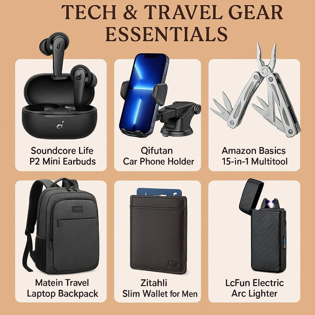 “Six daily carry items including wireless earbuds, car phone mount, 15-in-1 multitool, laptop backpack, slim RFID wallet & dual-arc rechargeable lighter.”