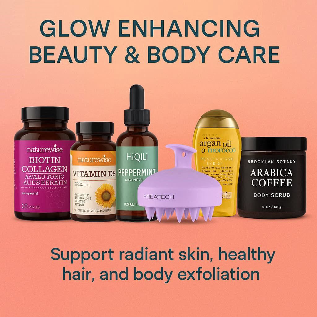 “Six natural beauty products including biotin supplement, Vitamin D3, peppermint essential oil, scalp scrubber, argan oil hair treatment, and Arabica coffee body scrub for growth, glow & hydration.”