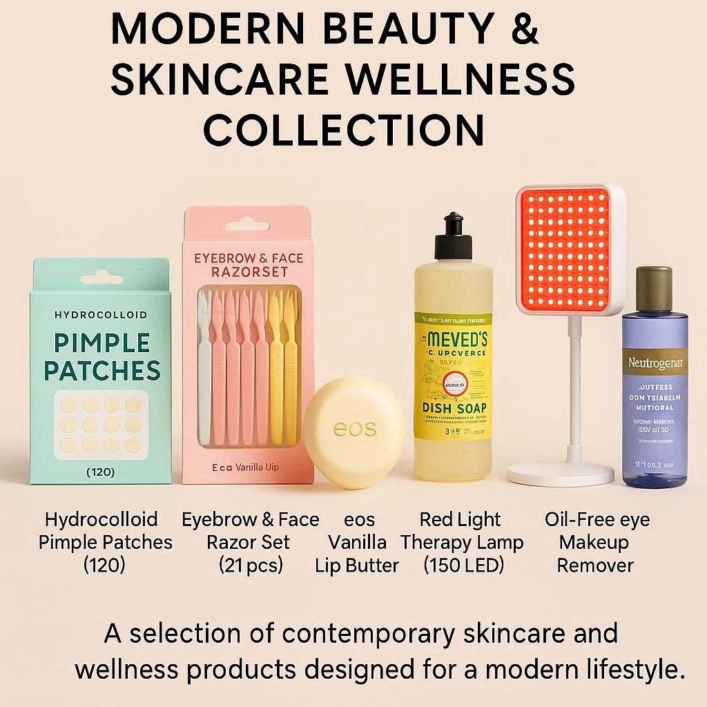 “Six beauty products including hydrocolloid acne patches, dermaplaning razors, cashmere lip butter, honeysuckle dish soap, red light therapy device, and gentle eye makeup remover for a complete skincare and self-care routine.”
