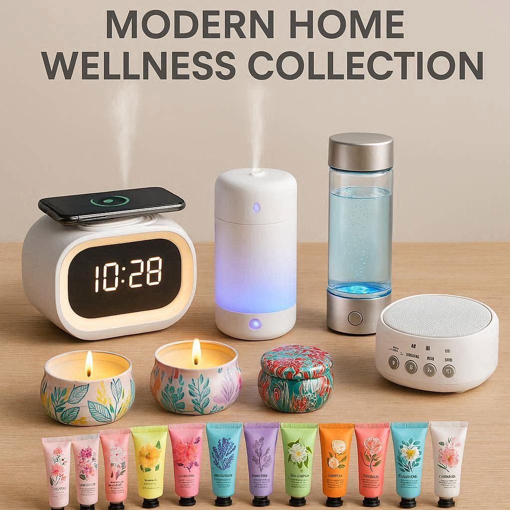 “Six home wellness products including a modern LED bedside alarm clock with wireless charging, USB essential-oil humidifier, hydrogen water bottle generator, scented candles, floral hand cream set, and a white noise sleep machine for relaxation and self-care.”
