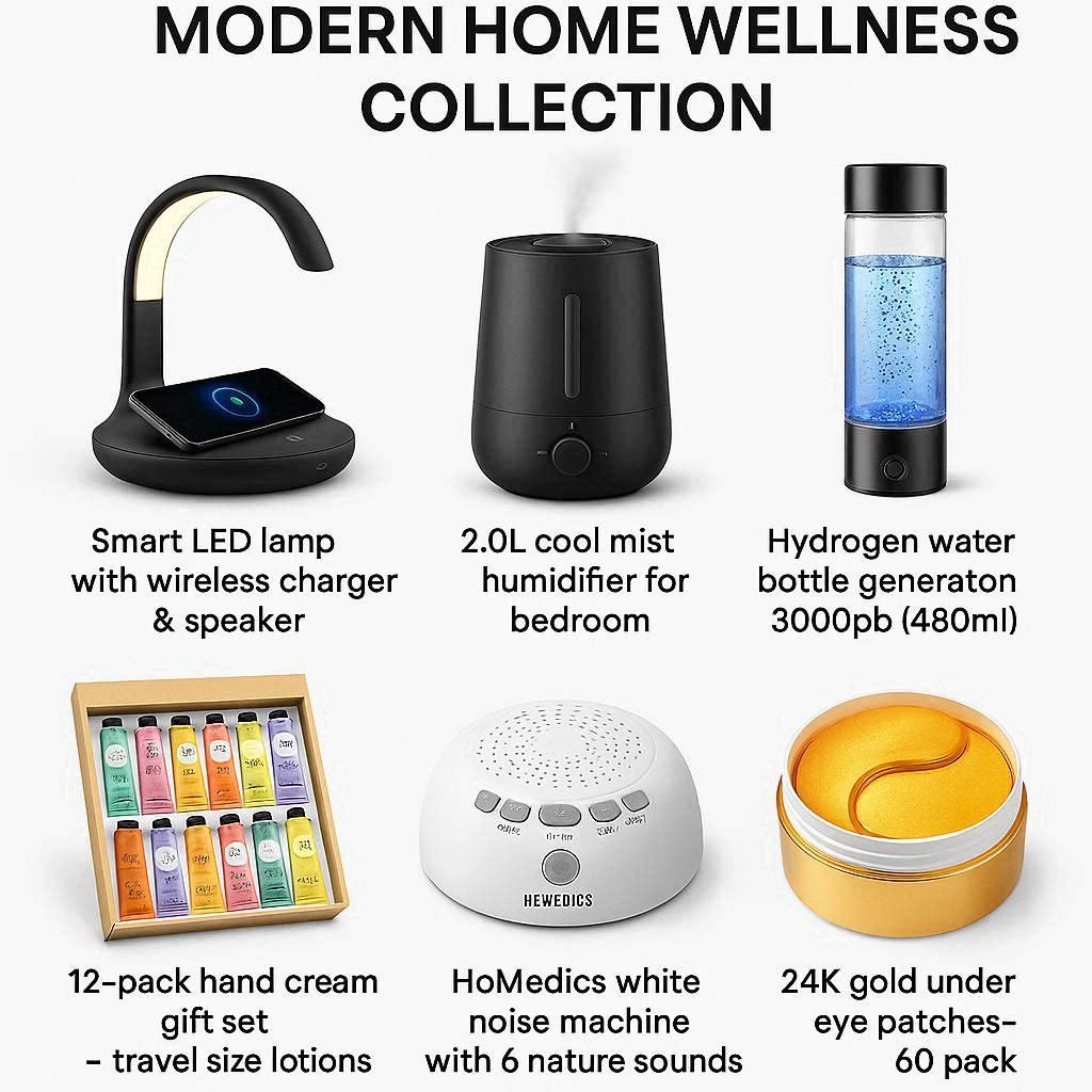 “Six wellness products including a smart LED lamp with wireless charging, cool-mist humidifier, hydrogen water bottle, hand cream gift set, white noise sound machine, and 24K gold under-eye patches for home comfort and self-care.”