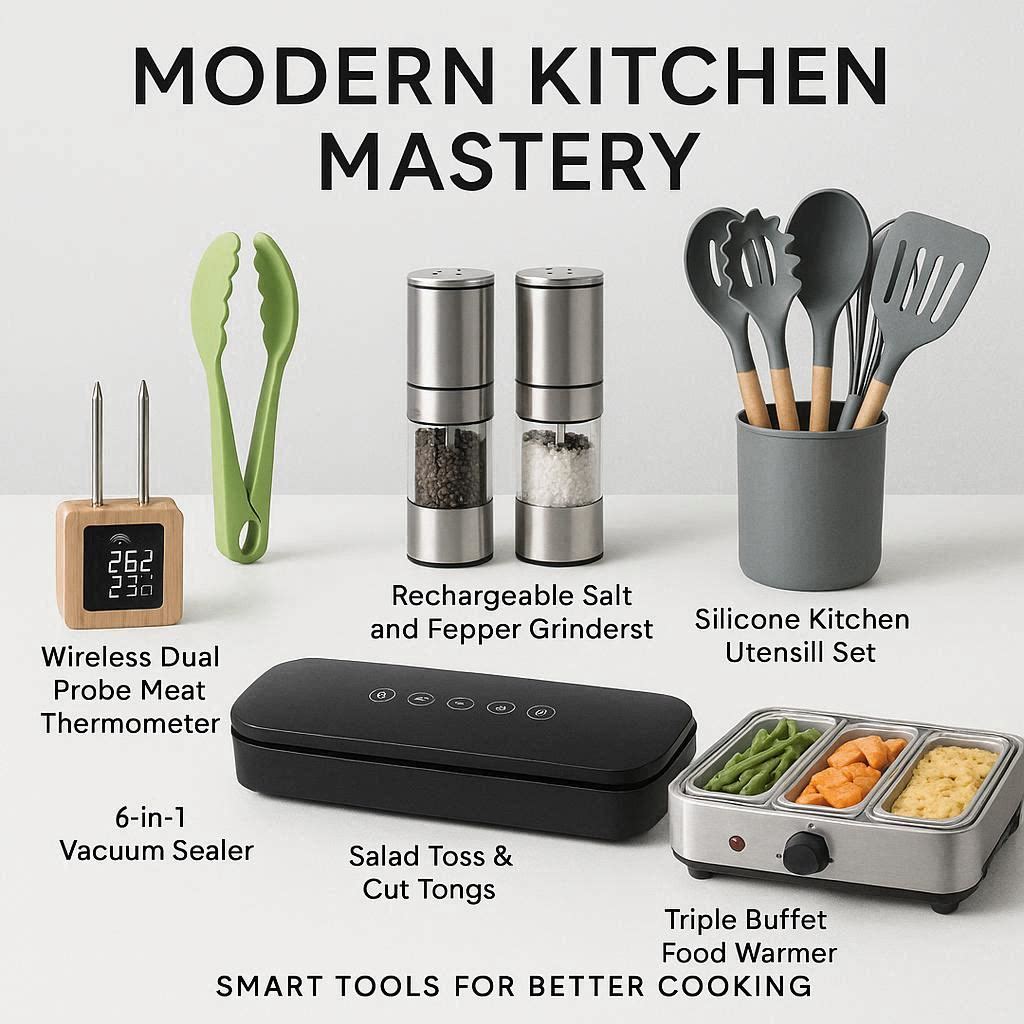 “Six modern kitchen tools including a wireless meat thermometer, vacuum sealer machine, stainless-steel salad tongs, electric salt and pepper grinders, silicone cooking utensils, and a triple buffet food warmer for precision cooking and effortless serving.”