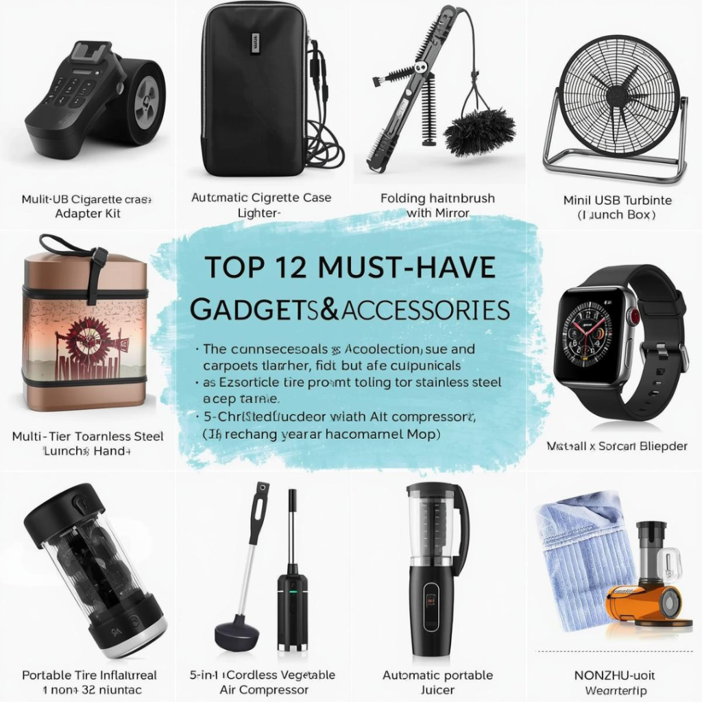 "Top 12 smart gadgets collection for 2025 including USB charging kits, travel organizers, mini fans, lunch boxes, smartwatches, portable juicers, hairbrushes, and home cleaning tools for tech-savvy and modern lifestyle"