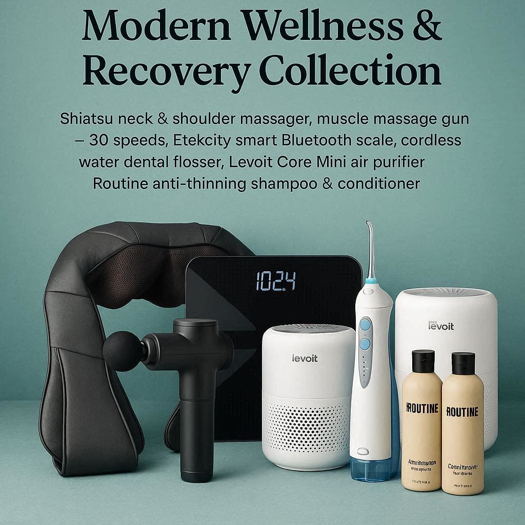 “Six wellness products including a Shiatsu massager, percussion massage gun, Bluetooth smart scale, cordless water flosser, HEPA air purifier, and biotin shampoo-conditioner set for recovery, hygiene, and daily well-being.”