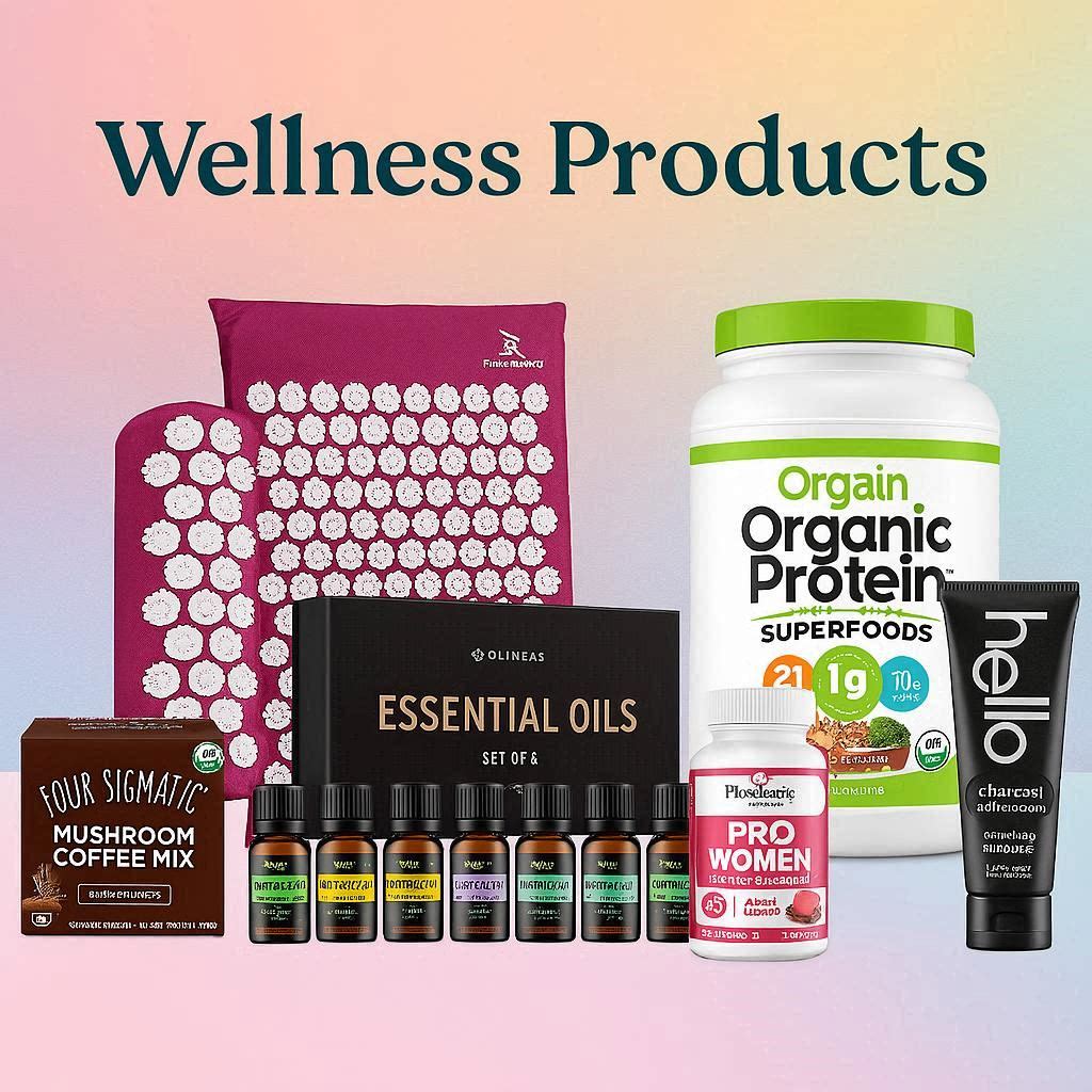 "Six essential wellness products including Four Sigmatic mushroom coffee, ProsourceFit acupressure mat and pillow, O’linear essential oils set, Orgain vegan protein powder, Physician's CHOICE probiotics for women, and hello whitening charcoal toothpaste for daily health and self-care."