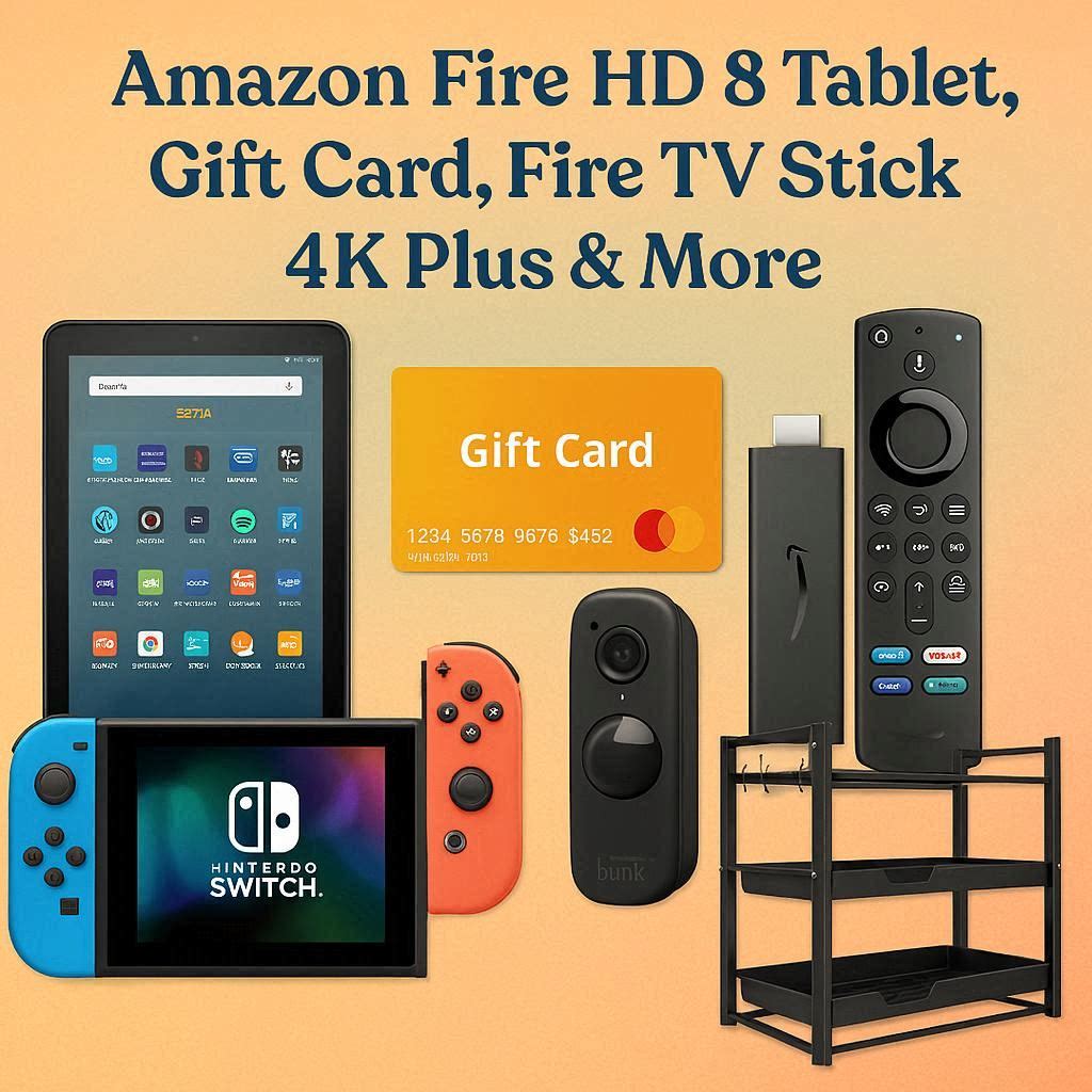 "Six essential smart-living products including Amazon Fire HD 8 tablet, Mastercard gift card, Amazon Fire TV Stick 4K Plus, Nintendo Switch console, Blink Video Doorbell, and 2-pack under sink organizers for home entertainment, security, and organization."