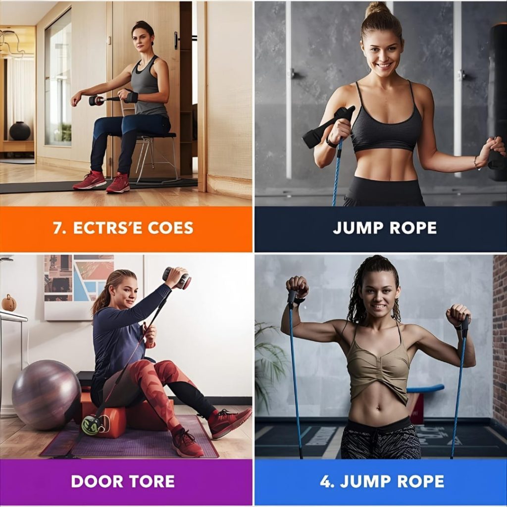 “Home fitness essentials set – resistance bands, neoprene dumbbells, rapid speed jump rope, and smart fitness tracker for men and women.”